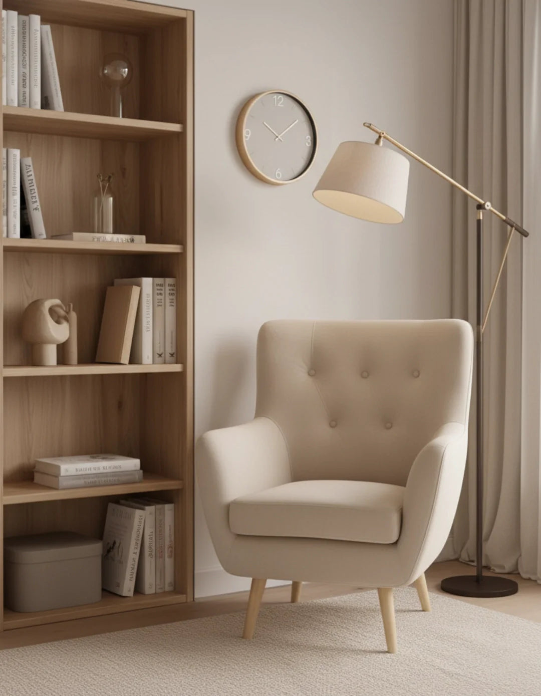 Vista vertical de un rincón de lectura confortable con butaca de terciopelo beige, estantería de madera y lámpara de pie.