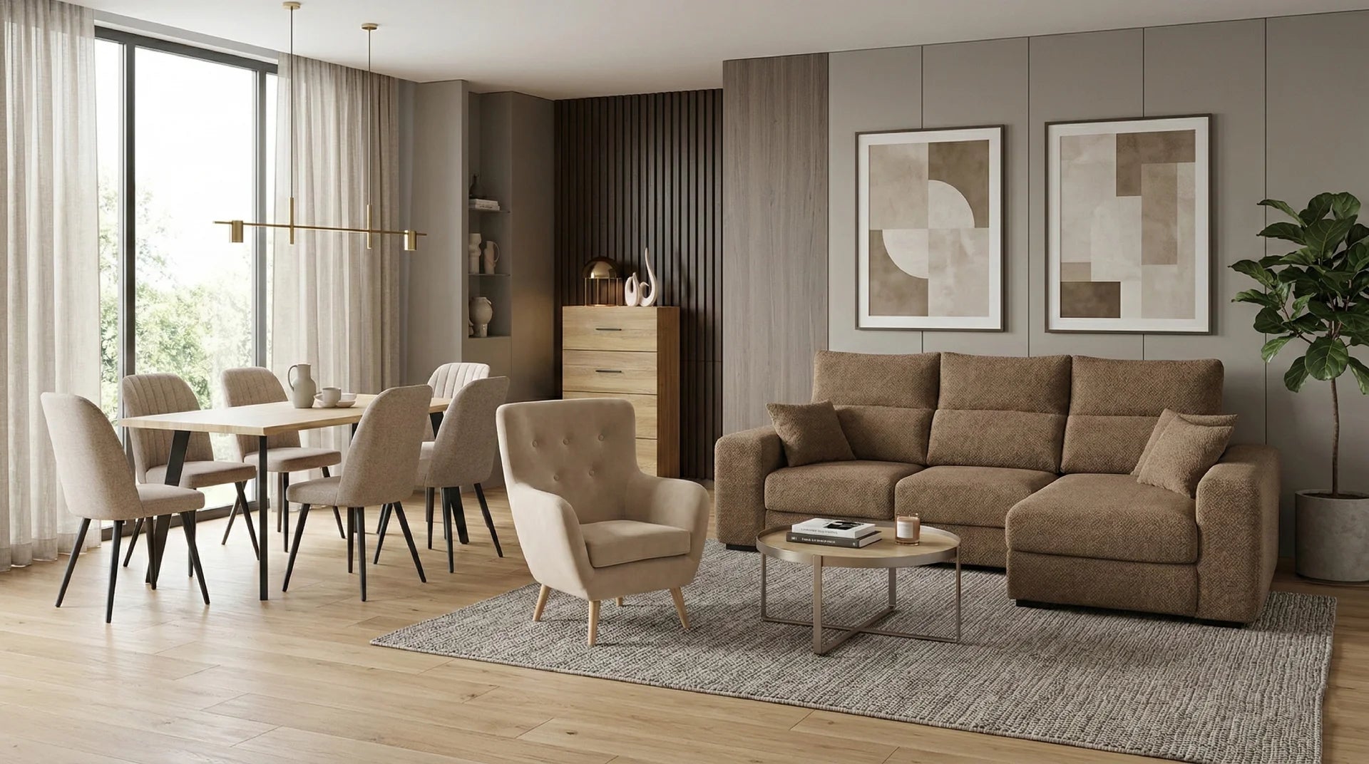 Conjunto de muebles de salón modernos con sofá chaiselongue marrón, mesa de comedor y butaca.