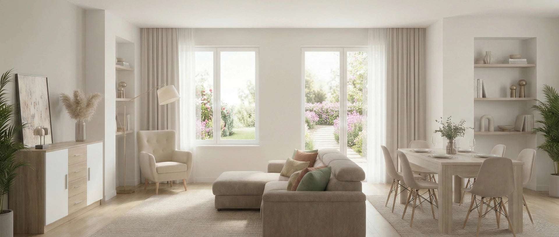 Salón decorado con muebles de diseño modernos en tonos claros, disponible en nuestra tienda de muebles online.